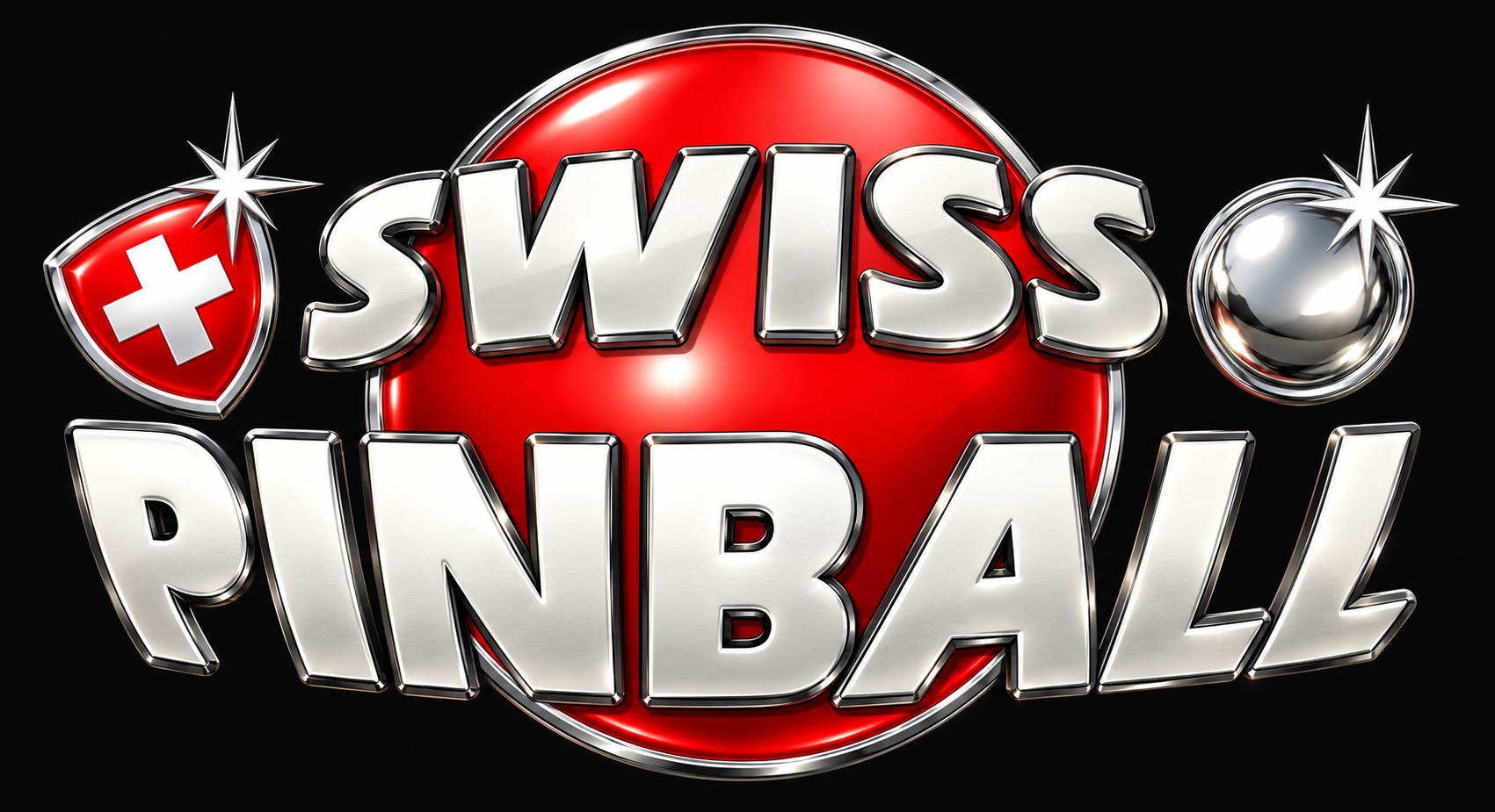 SwissPinball premium 3D logo with silver lettering, red Swiss shield, and pinball